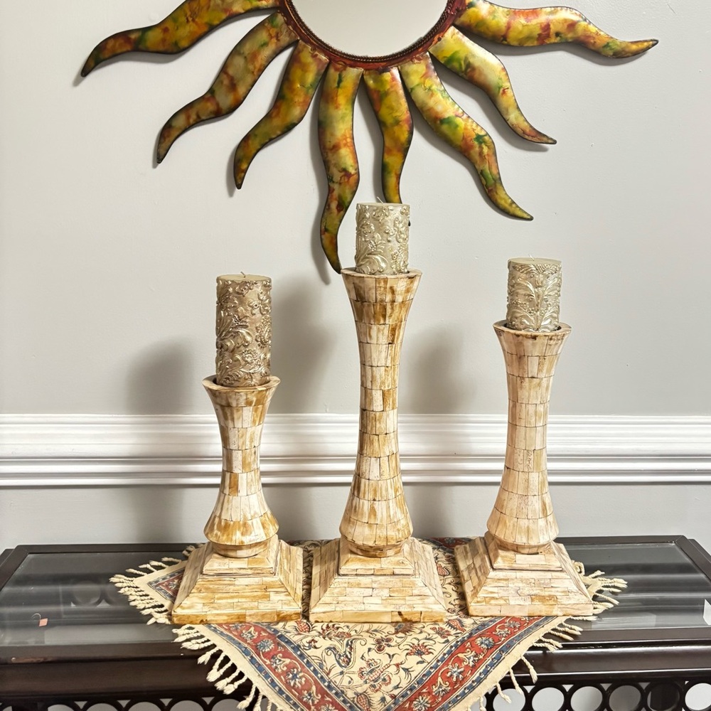 Vintage Bone inlay Candle Holders Set of 3 Gorgeous Excellent condition